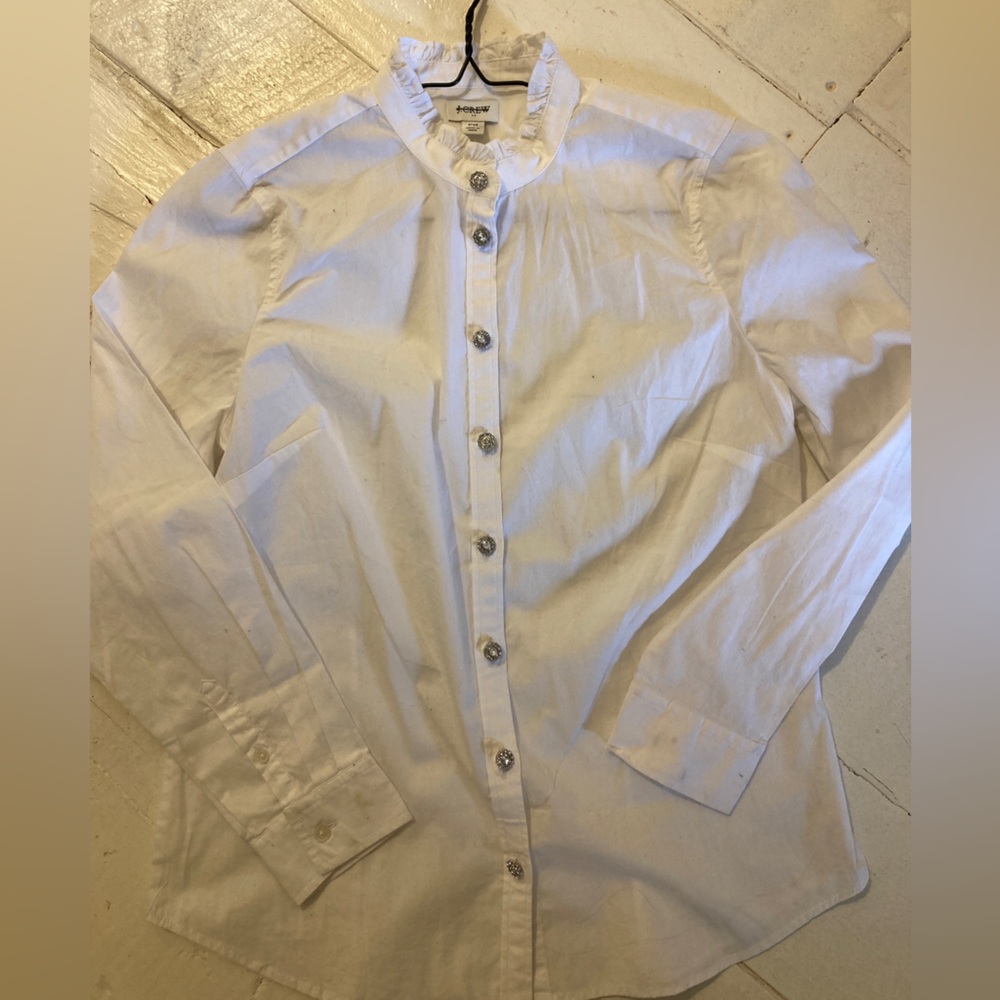 J crew rhinestone button blouse ruffle neck size petite medium